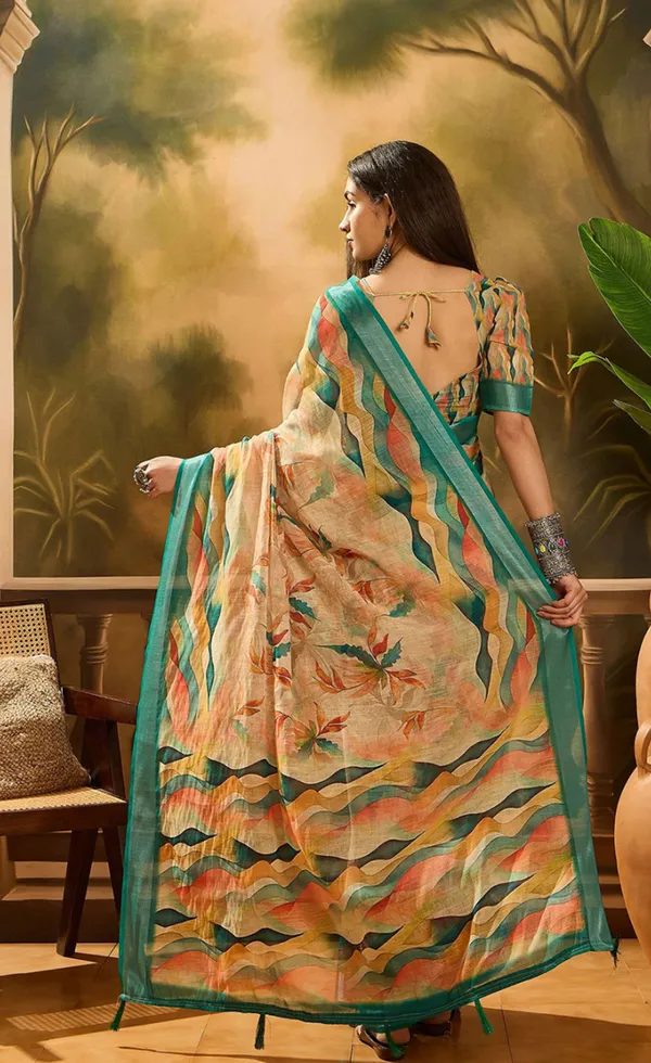 Peach Floral Linen Cotton Saree with Blue Border for Ladies