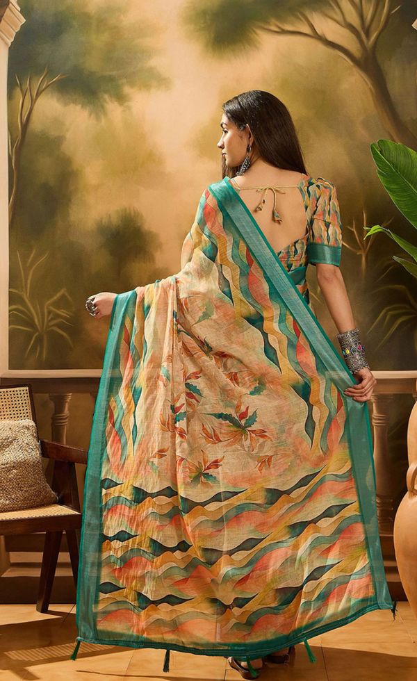 Peach Floral Linen Cotton Saree with Blue Border for Ladies
