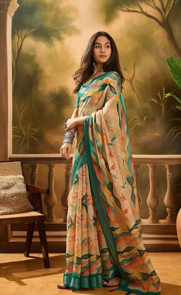 Peach Floral Linen Cotton Saree with Blue Border for Ladies