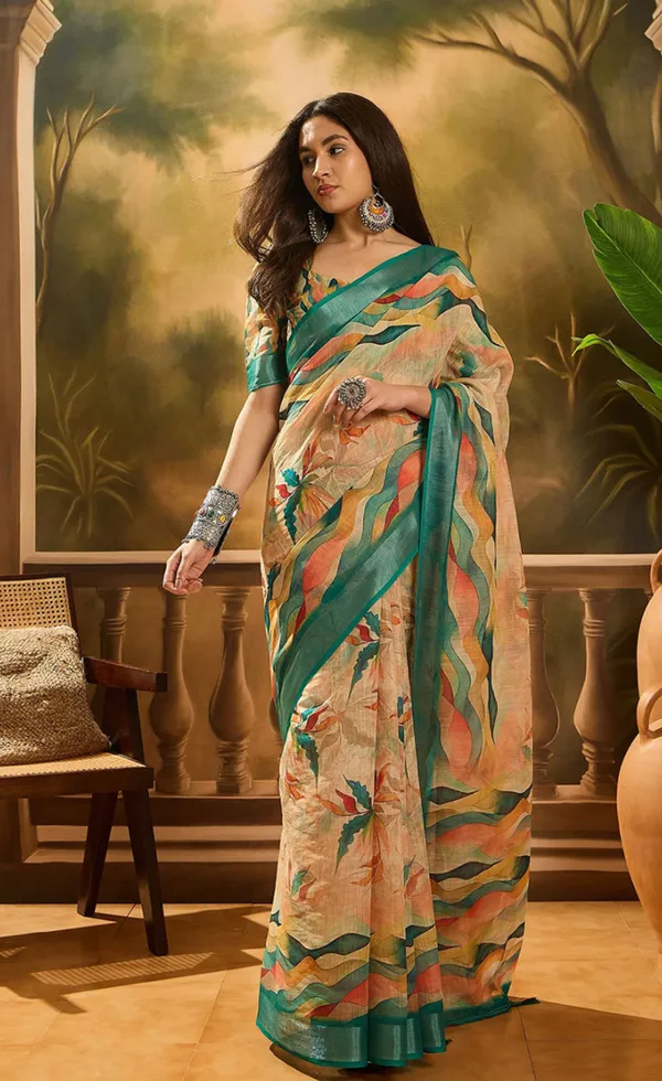 Peach Floral Linen Cotton Saree with Blue Border for Ladies