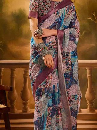 Multicolour Floral Linen Cotton Saree with Blue Border Look