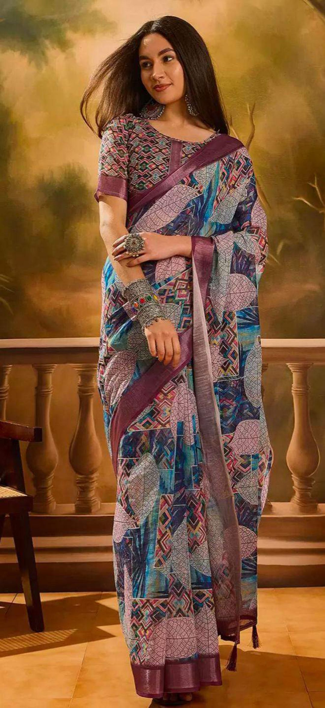 Multicolour Floral Linen Cotton Saree with Blue Border Look