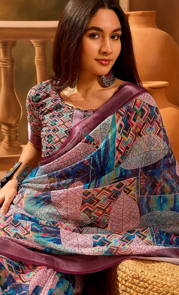 Multicolour Floral Linen Cotton Saree with Blue Border Look