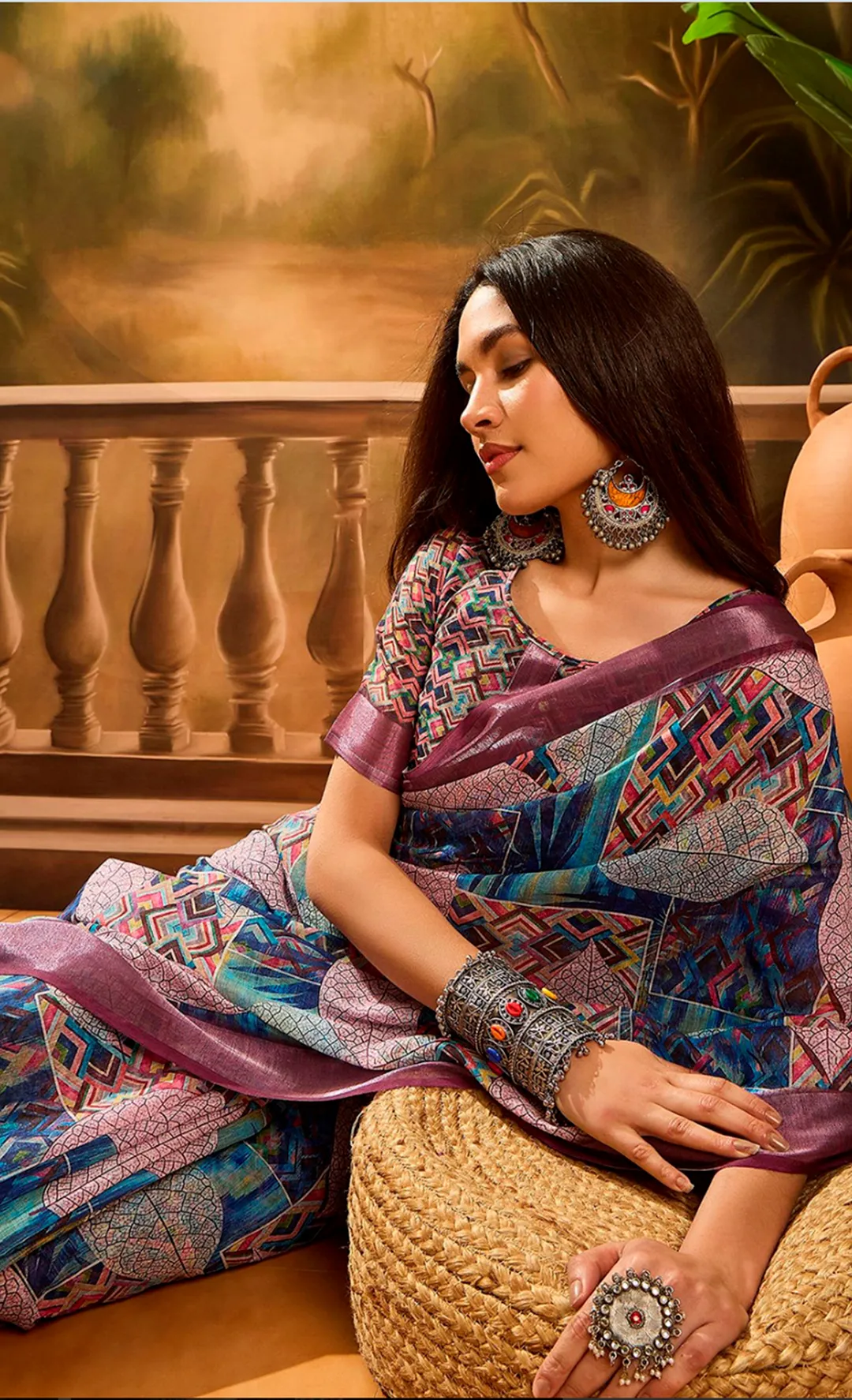 Multicolour Floral Linen Cotton Saree with Blue Border Look
