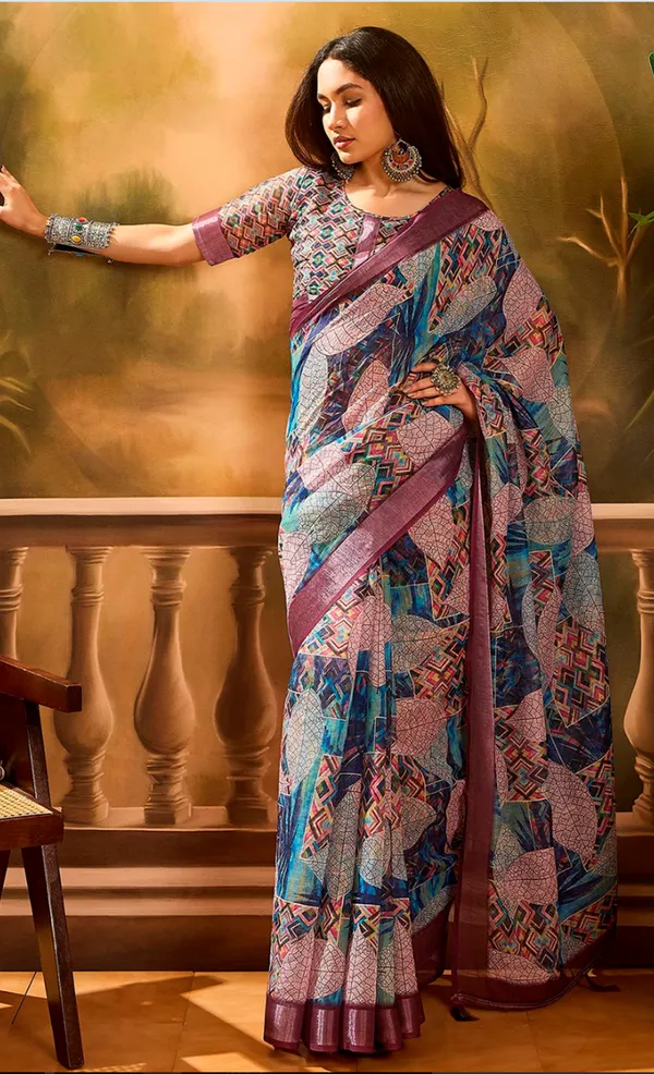 Multicolour Floral Linen Cotton Saree with Blue Border Look