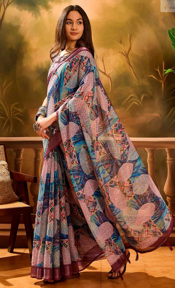 Multicolour Floral Linen Cotton Saree with Blue Border Look
