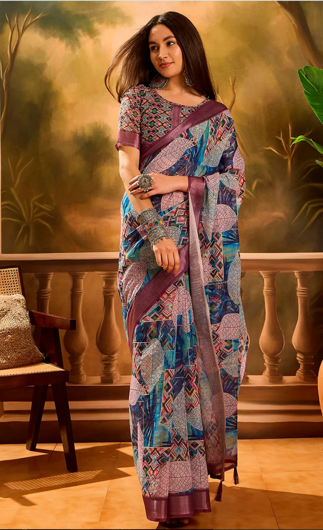 Multicolour Floral Linen Cotton Saree with Blue Border Look