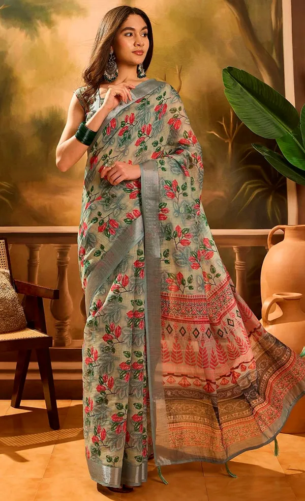 Grey Floral Linen Cotton Saree with Red Floral Print Border