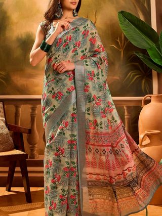 Grey Floral Linen Cotton Saree with Red Floral Print Border