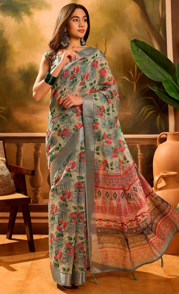 Grey Floral Linen Cotton Saree with Red Floral Print Border