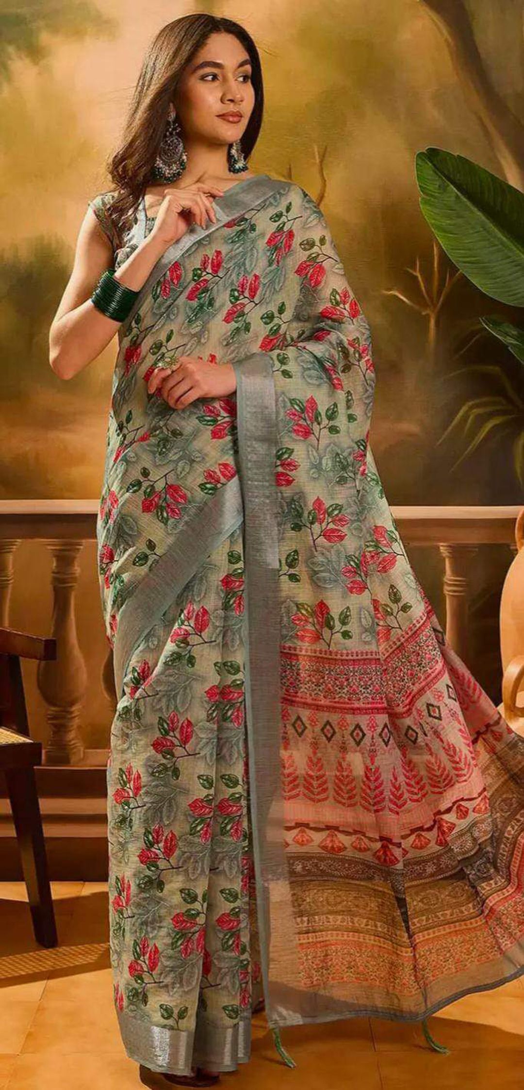 Grey Floral Linen Cotton Saree with Red Floral Print Border