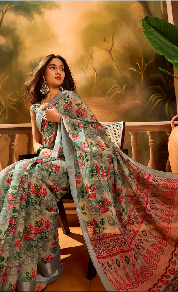 Grey Floral Linen Cotton Saree with Red Floral Print Border