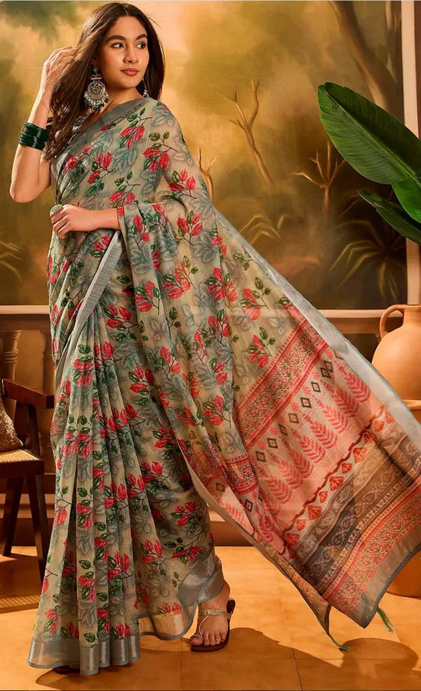 Grey Floral Linen Cotton Saree with Red Floral Print Border