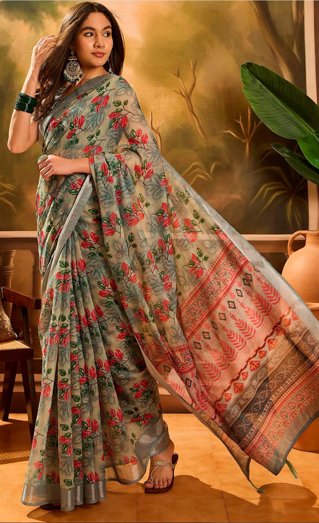 Grey Floral Linen Cotton Saree with Red Floral Print Border