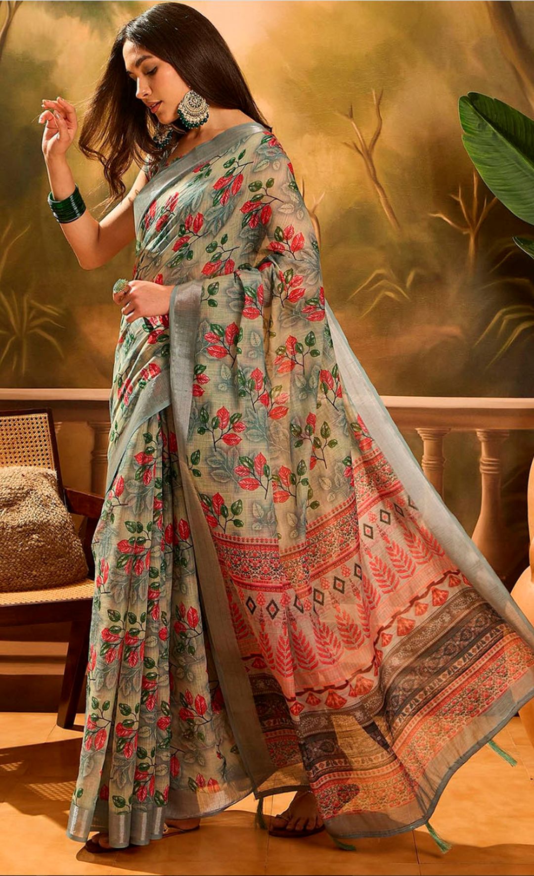 Grey Floral Linen Cotton Saree with Red Floral Print Border