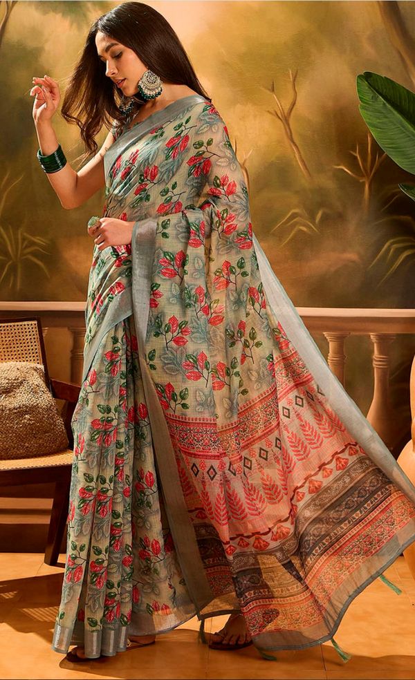 Grey Floral Linen Cotton Saree with Red Floral Print Border