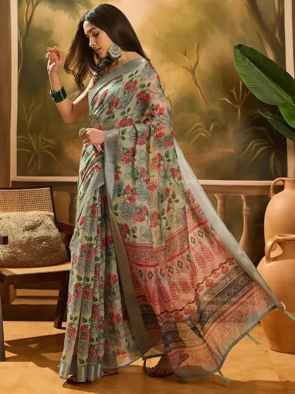 Grey Floral Linen Cotton Saree with Red Floral Print Border