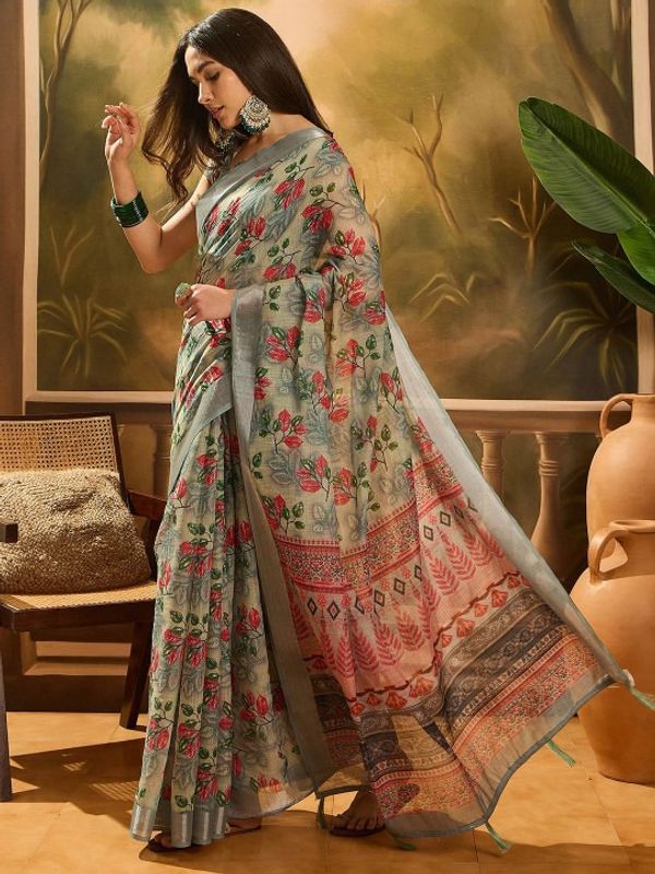Grey Floral Linen Cotton Saree with Red Floral Print Border