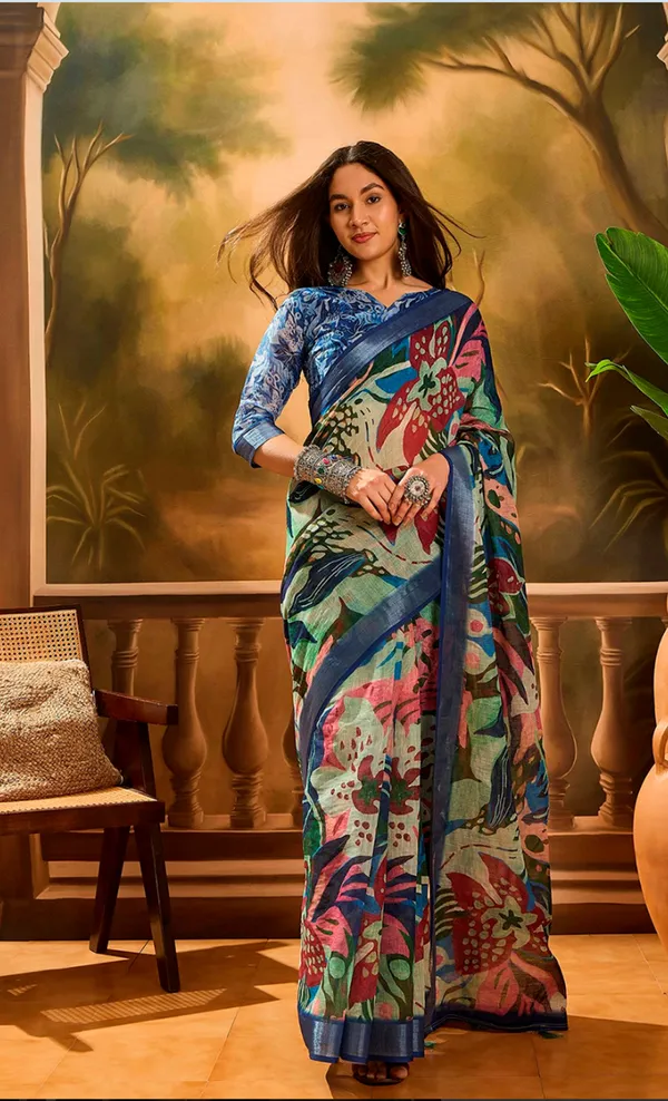 Multicolor Linen Cotton Floral Printed Saree at VARNAVI