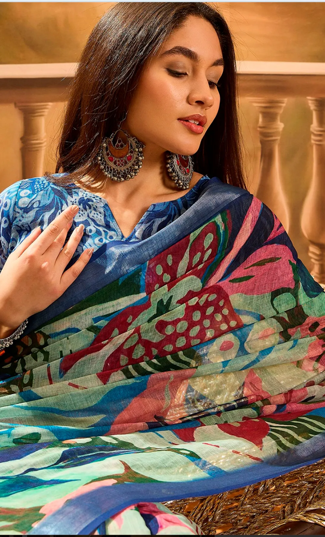 Multicolor Linen Cotton Floral Printed Saree at VARNAVI