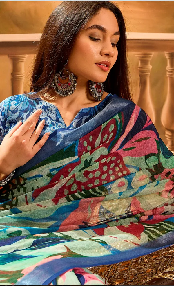 Multicolor Linen Cotton Floral Printed Saree at VARNAVI
