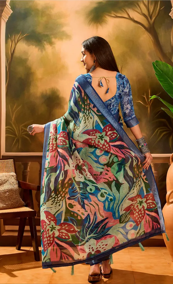 Multicolor Linen Cotton Floral Printed Saree at VARNAVI