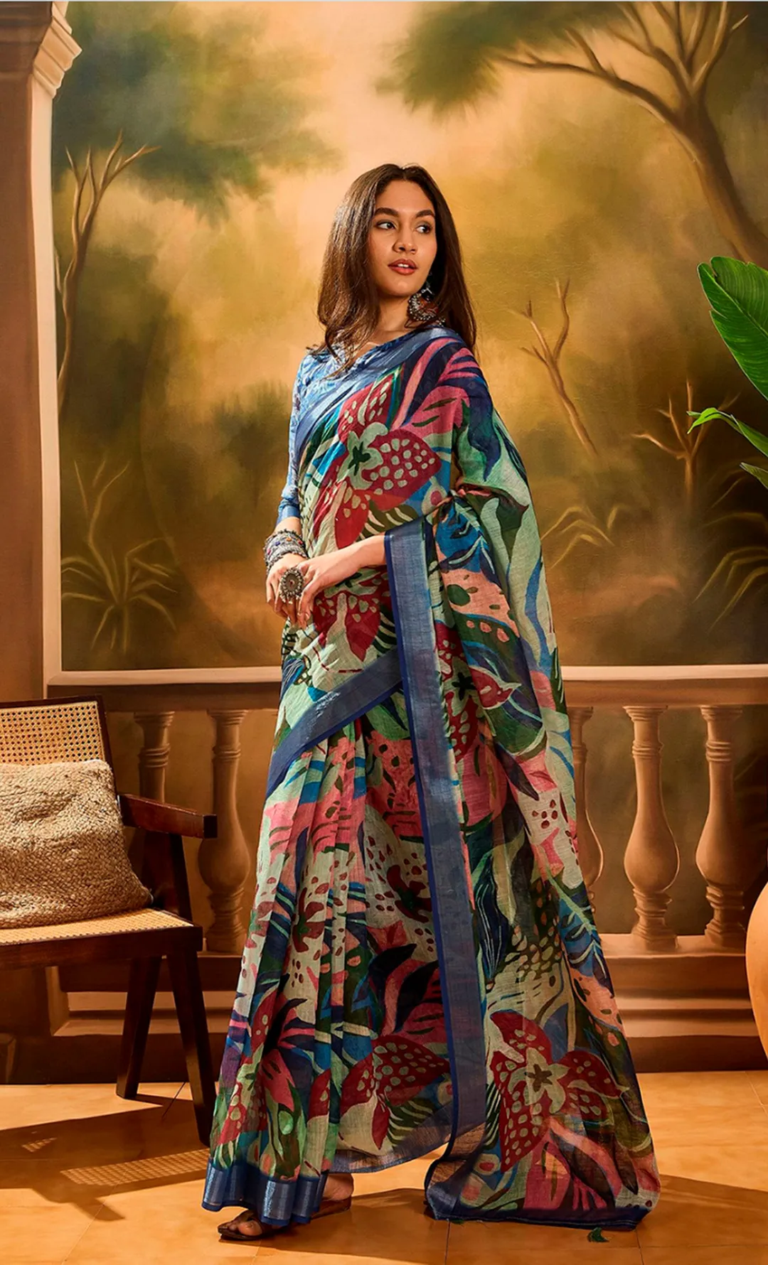 Multicolor Linen Cotton Floral Printed Saree at VARNAVI