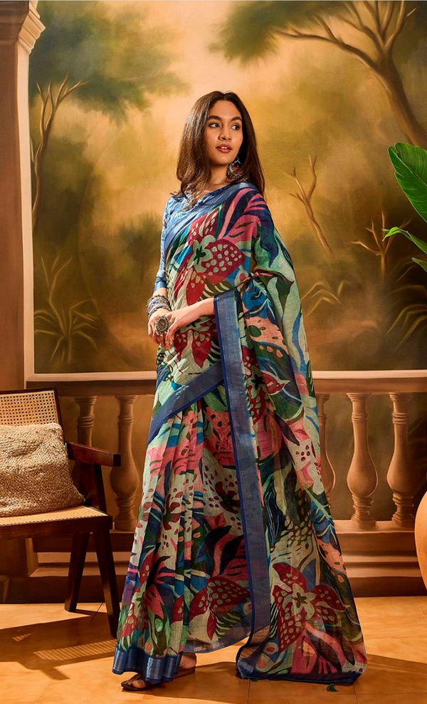 Multicolor Linen Cotton Floral Printed Saree at VARNAVI