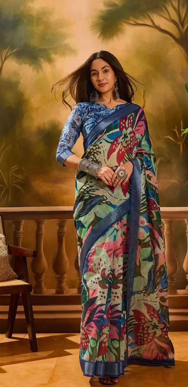 Multicolor Linen Cotton Floral Printed Saree at VARNAVI
