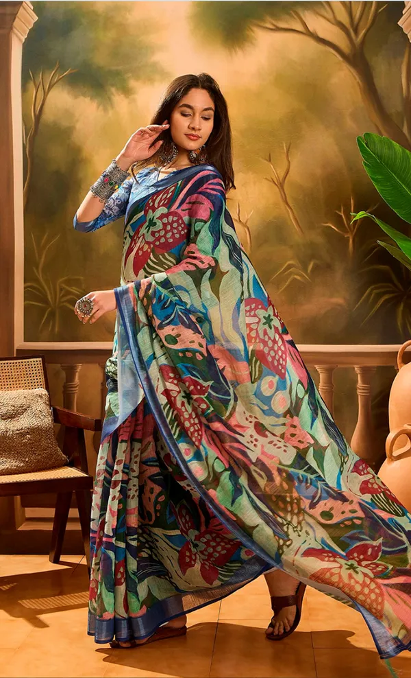 Multicolor Linen Cotton Floral Printed Saree at VARNAVI