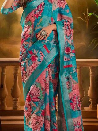 Teal Floral Printed Linen Cotton Saree with Blouse