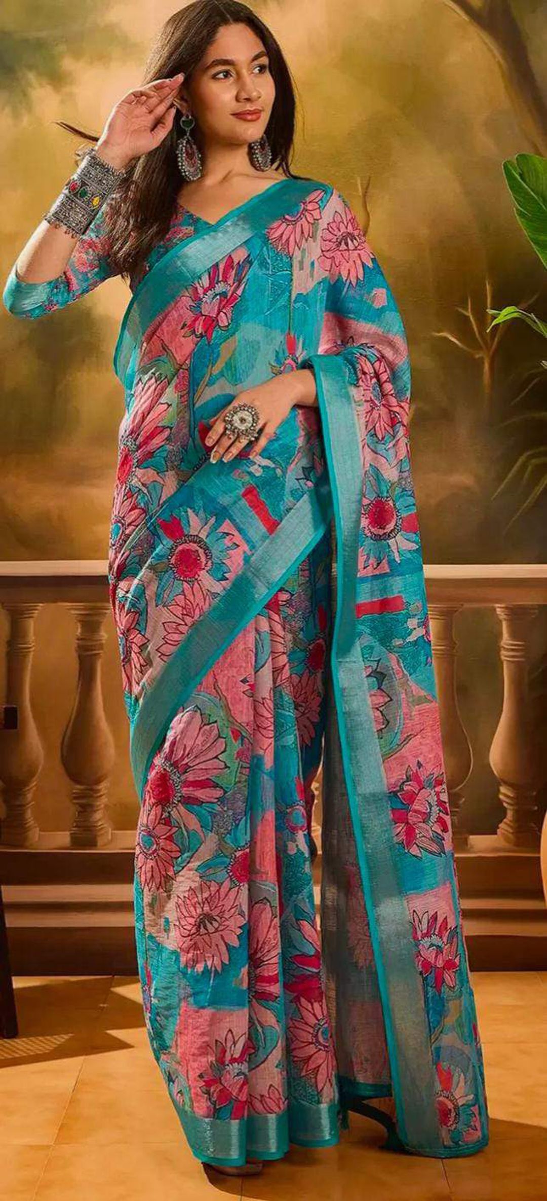 Teal Floral Printed Linen Cotton Saree with Blouse