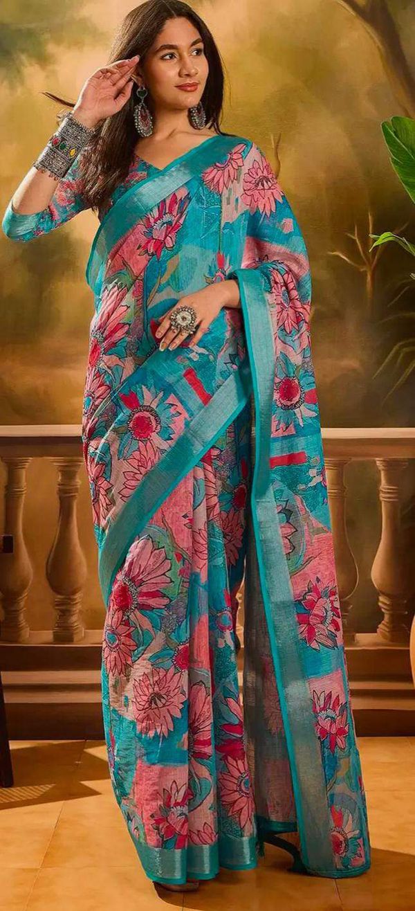 Teal Floral Printed Linen Cotton Saree with Blouse