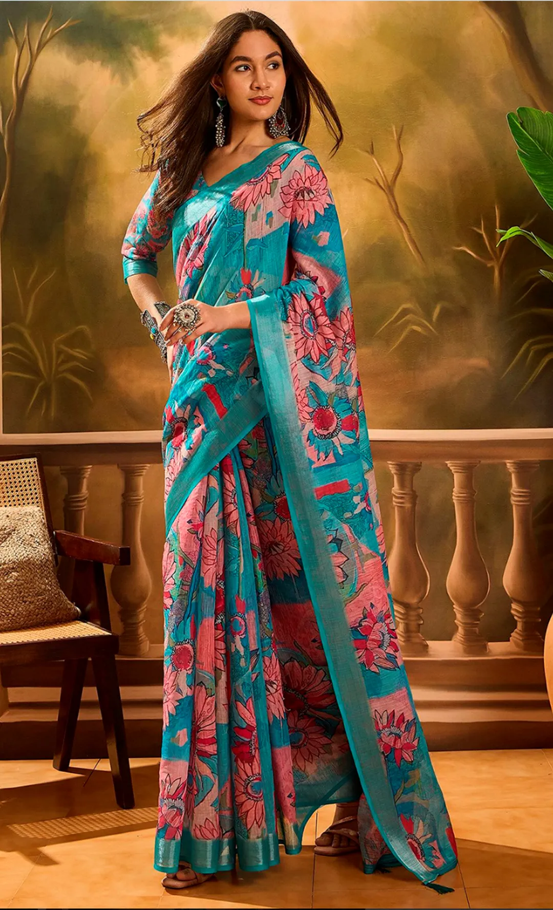 Teal Floral Printed Linen Cotton Saree with Blouse