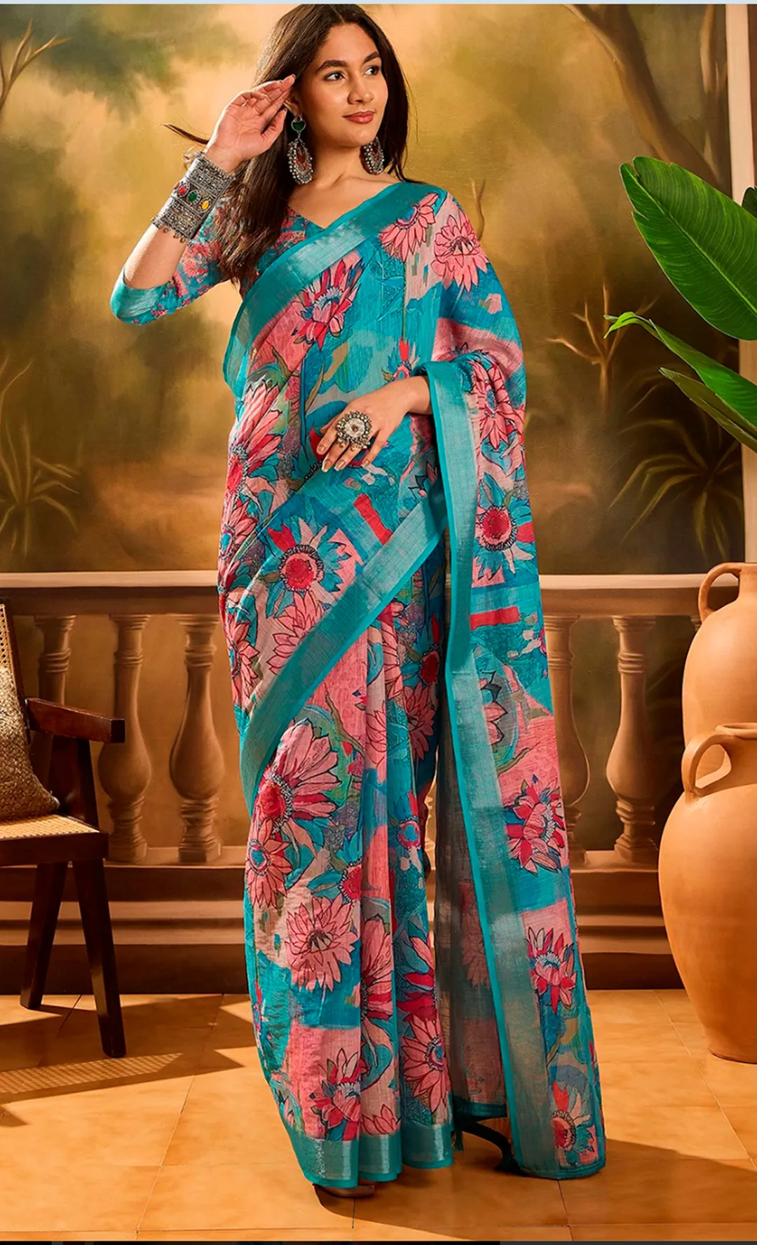 Teal Floral Printed Linen Cotton Saree with Blouse