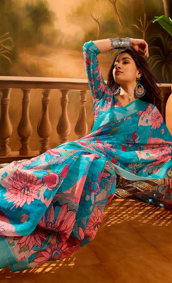Teal Floral Printed Linen Cotton Saree with Blouse