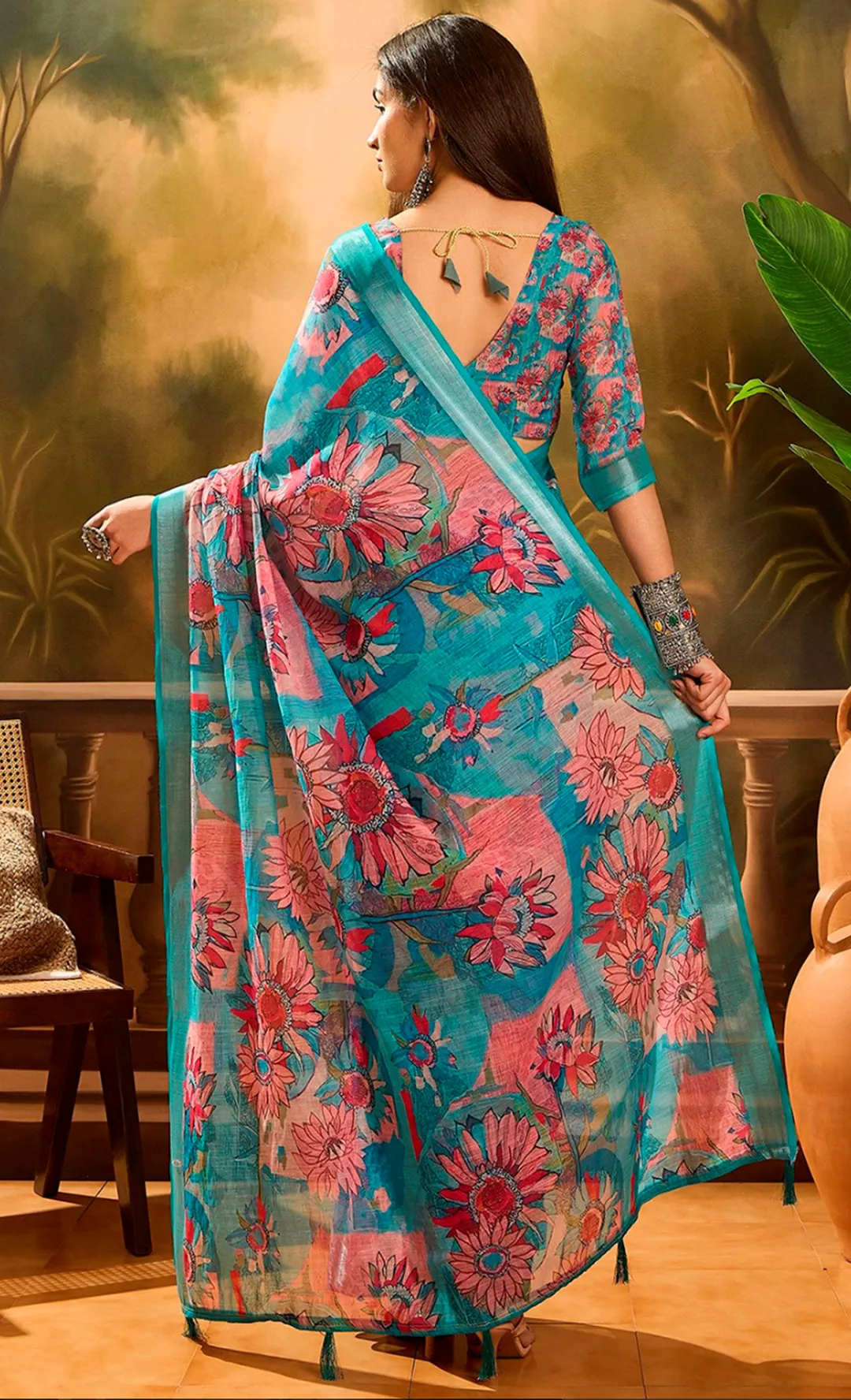 Teal Floral Printed Linen Cotton Saree with Blouse