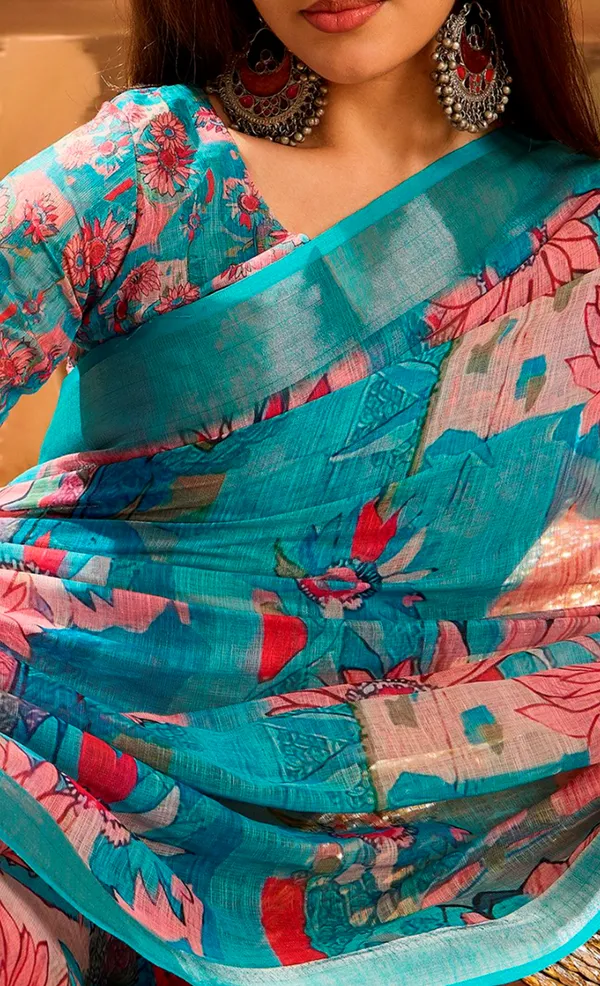Teal Floral Printed Linen Cotton Saree with Blouse
