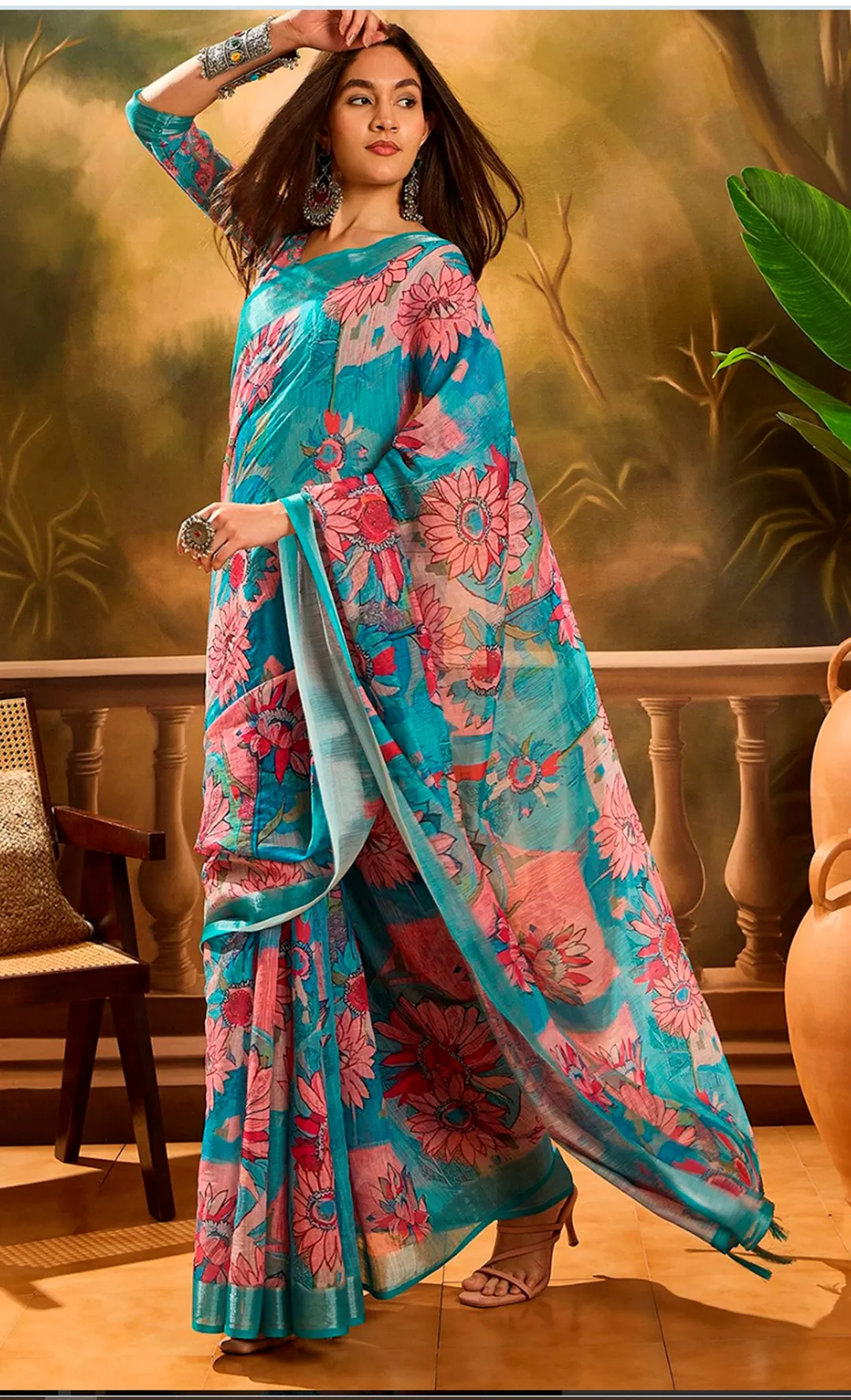 Teal Floral Printed Linen Cotton Saree with Blouse