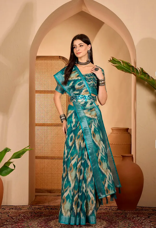 Teal Abstract Printed Linen Cotton Saree with Blouse