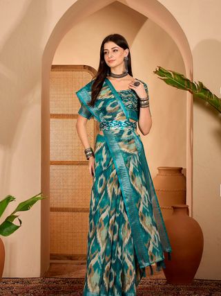 Teal Abstract Printed Linen Cotton Saree with Blouse