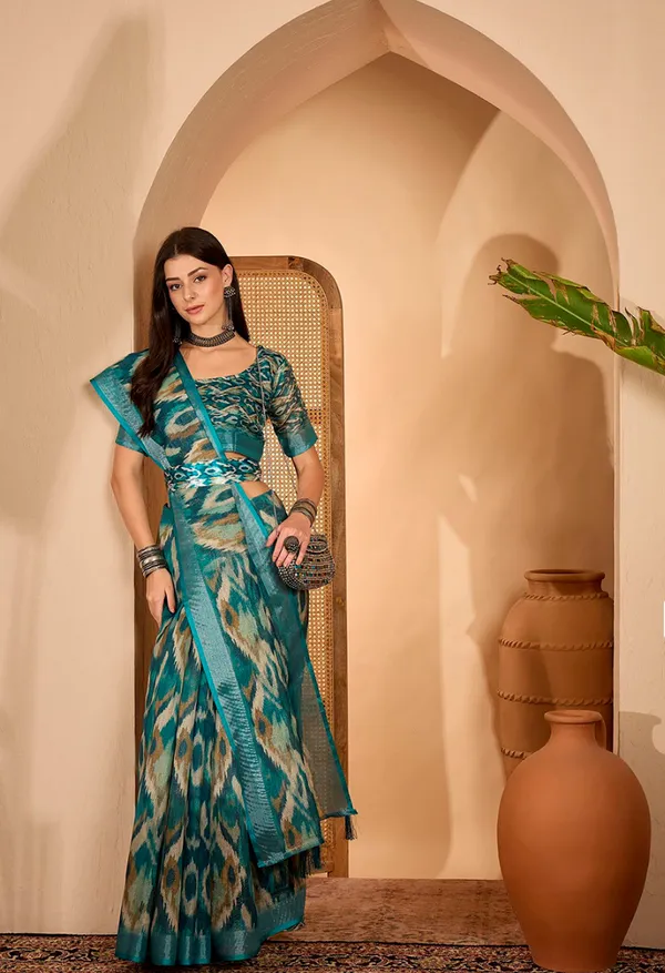 Teal Abstract Printed Linen Cotton Saree with Blouse