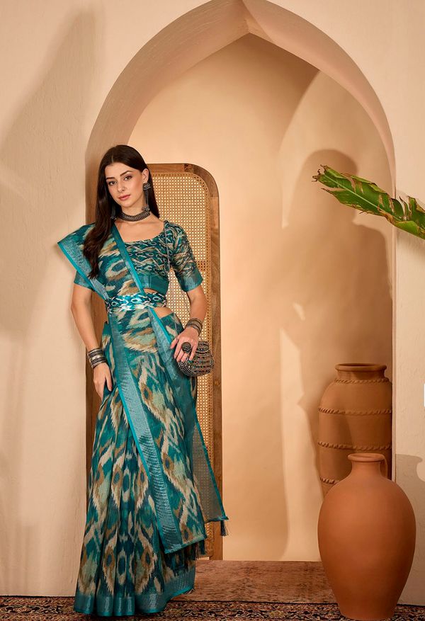 Teal Abstract Printed Linen Cotton Saree with Blouse