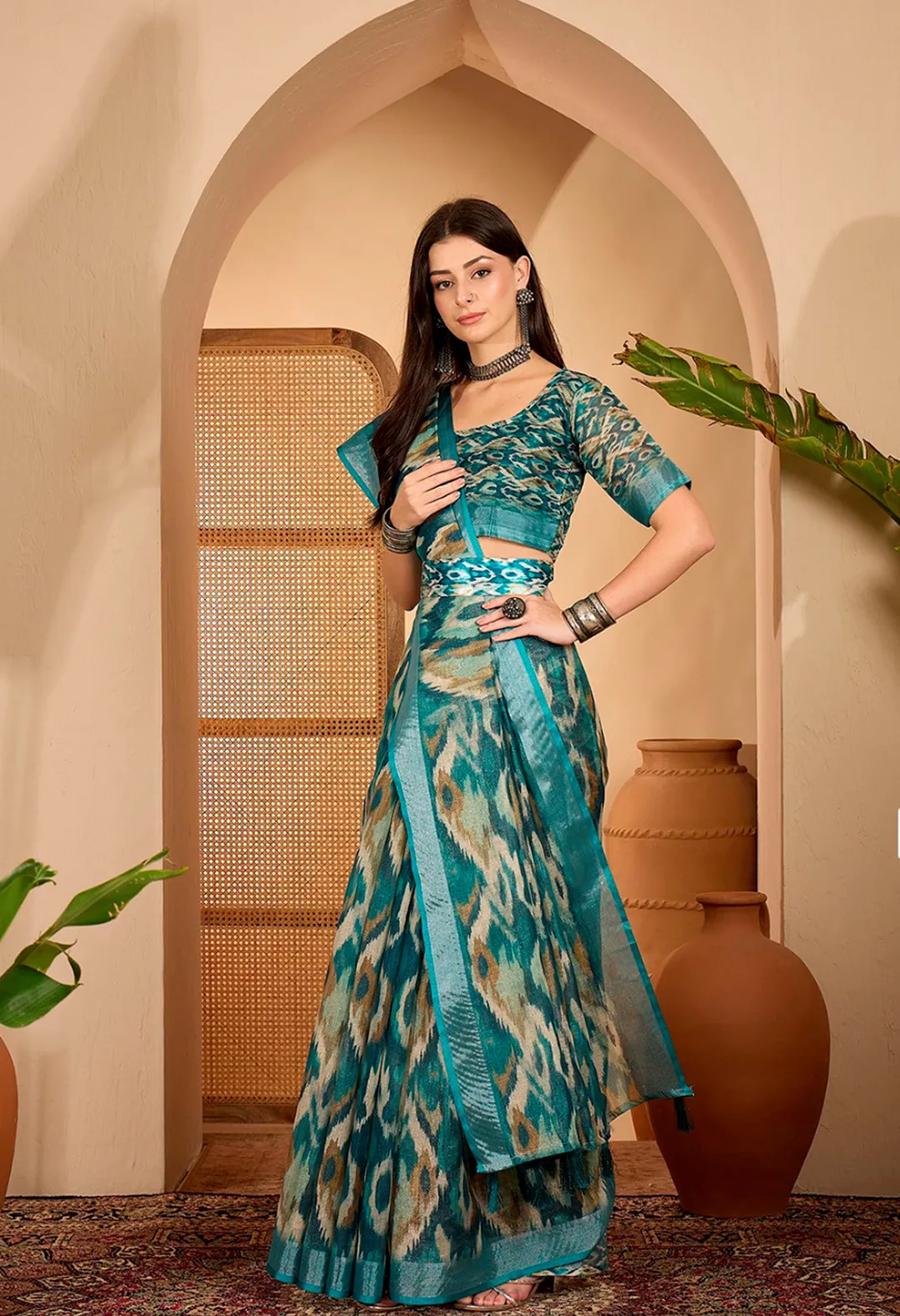 Teal Abstract Printed Linen Cotton Saree with Blouse