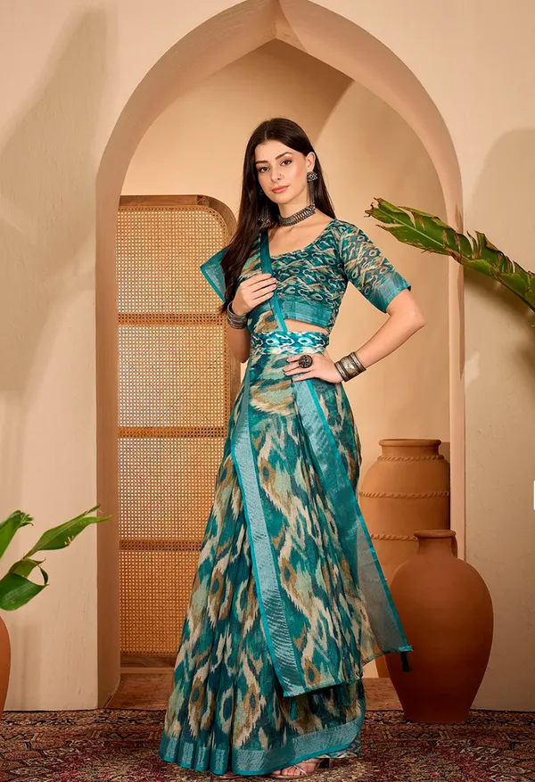 Teal Abstract Printed Linen Cotton Saree with Blouse