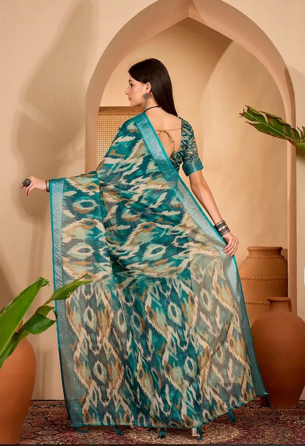 Teal Abstract Printed Linen Cotton Saree with Blouse