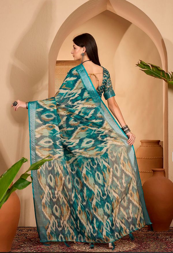 Teal Abstract Printed Linen Cotton Saree with Blouse
