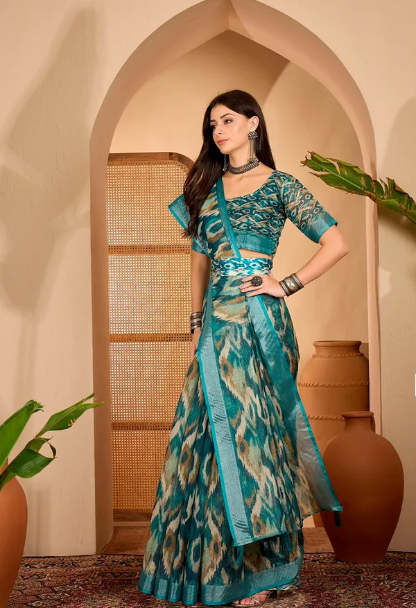 Teal Abstract Printed Linen Cotton Saree with Blouse