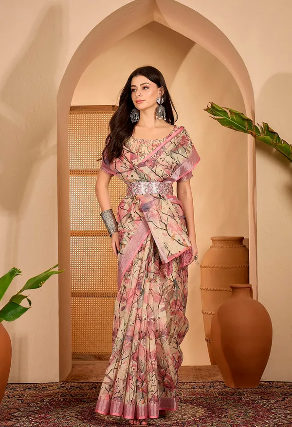 Pink Floral Printed Linen Cotton Saree with Blouse