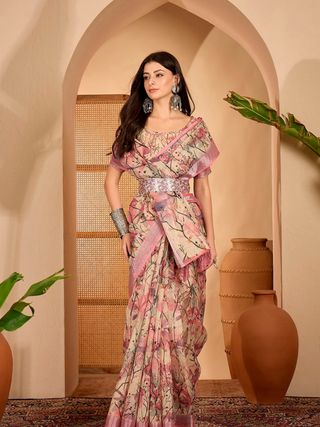Pink Floral Printed Linen Cotton Saree with Blouse